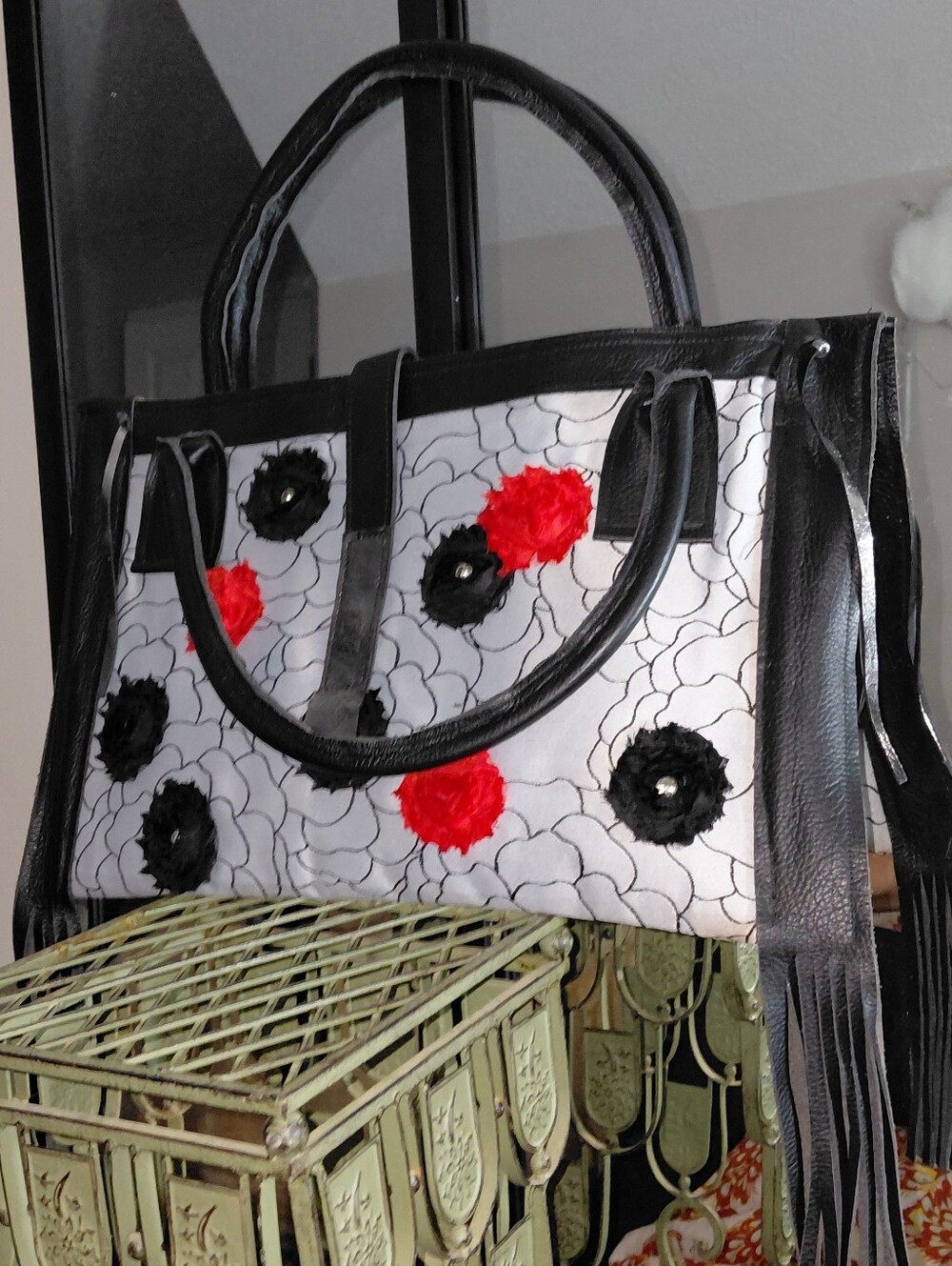 Black and White Floral Tote Bag with Red Accents